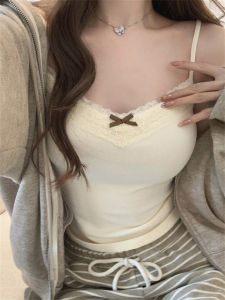 Áo Ba Lỗ Ren Ngắn Cho Nữ Mùa Xuân Có Thắt Nơ Bướm Áo Ba Lỗ Cotton Sợi Xoắn Áo Ba Lỗ Lót Ngực Áo Ba Lỗ Mặc Trong Và Ngoài