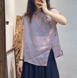 Lightweight Breathable Pure Color Hemp Shirt with Button for Women Summer Short Sleeve Asymmetrical Chinese Style Top