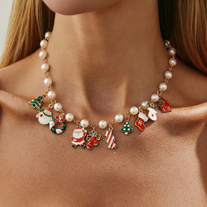 KunJoe Cute Santa Claus Snowman Christmas Tree Elk Pendant Necklace Women Imitation Pearl Choker 2026 New Year Jewelry Gift