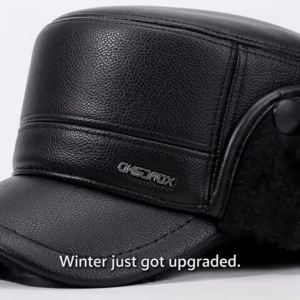 Mens Leather Flat Top Baseball Cap Warm Ear Hat for Elderly in Autumn Winter Thickened Fleece-lined Cold Cap