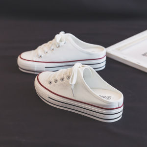 Womens Canvas Shoes White Thick Bottom Heightening Slip-On Half Slippers Casual round Toe Rubber Outsole Youth Footwear
