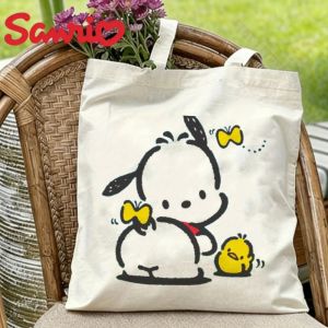 Sanrio | 1PC Kawaii Sanrio Pochacco with Chick & Butterflies Canvas Tote Bag Eco Reusable Shopper