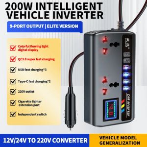 Car Inverter 12V/24V to 220V Outlet Adapter PD QC3.0 4 USB Ports Fast Charging Automotive Charger for Auto Car Truck RV SUV