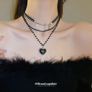 Spicy Girl Heart Cross Glass Bead Necklace Women Sweet Cool Versatile Clavicle Chain Fashionable Personality Jewelry Accessories