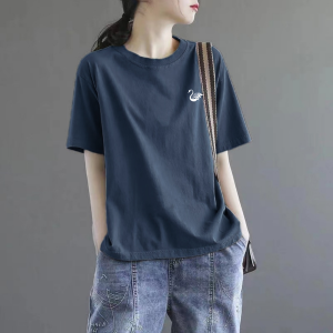 Off-Season Clearance Large Size Womens Pure Cotton Short Sleeve T-Shirt Loose Slimming Summer Top Commute Casual round Neck