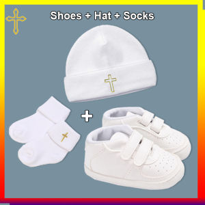 3pcs Set White Christening Baby Shoes for Boys 0-12 Months Baptism Newborn Shoes + Hat + Socks with Cross Embroidery Baptismal Shoes for Baby Girl 6-12 Months Baby Footwear