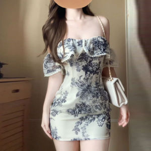 CHANGTONG | Off-Shoulder Bodycon Dress Fashionable Elegant Print