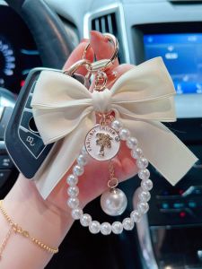 Car Key Ring Big Bowknot Bow Tie Pearl Chain Womens Vehicle-Use Key Chain Pendant Fancy Handbag Ornaments