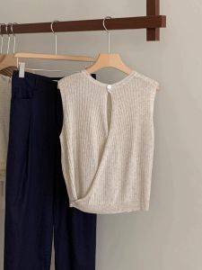 Ice Silk Knitted Vest Thin Sleeveless Top Women Summer New Design Unique Cross T-Shirt round Neck Commute Style Regular Length