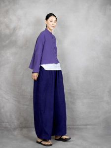 Áo Sơ Mi Cotton 2025 Mùa Hè Thời Trang Cổ Đứng Tay Dài Ngắn Rộng Quần Ống Rộng Vải Nhung Phong Cách Công Sở