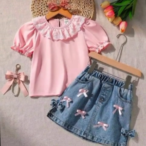 Setelan Baju Anak Perempuan Rok Pita Ciara Pendek Denim Usia 1-5 Tahun