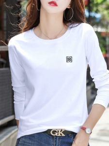 Áo Thun Cotton Tay Dài Màu Trắng Dáng Rộng Cho Nữ Mùa Thu Đông Phong Cách Mới Cổ Tròn Tay Dài Mặc Trong