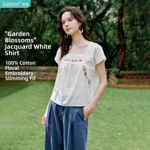 INMAN | Inman Embroidered Square Collar Short Sleeve Pure Cotton Womens Shirt Summer New Style French Beauty Casual Loose Fit White