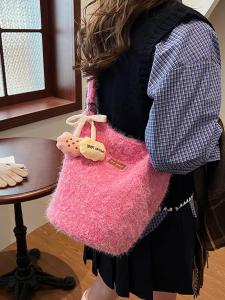 กระเป๋าสะพายข้างขนนุ่มขนาดใหญ่ กระเป๋าสะพายข้างผู้หญิงฤดูใบไม้ร่วง/ฤดูหนาว กระเป๋าสะพายข้างทรงถังขนนุ่ม กระเป๋าสะพายข้างแบบหนาแน่นสำหรับทุกวัย