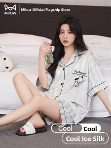 MiiOW | Cat Woman Summer Ice Silk Sleepwear Short Sleeve Thin Home Clothes Set Cute Cinnamon Dog Outdoor Wear Sweet Cute Style Polyester Fiber
