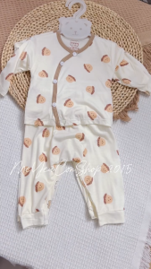[3-8kg] Bộ Quần Áo Sơ Sinh Dài Tay Thun Lạnh NỀN KEM VIỀN NÂU Mềm Mát Có Đáp Đũng Mặc Tã Thoải Mái