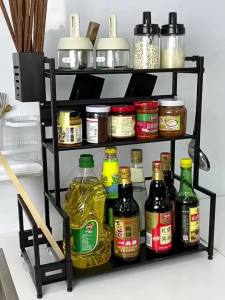 Kitchen Organizer 2/3 Tiers Spice Rack With 3 Accessories And 4 Hooks Carbon Steel Spice Jar Storage