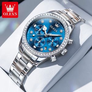 Olevs luxury multifunctional watch for women original waterproof stainless steel calendar luminous diamond european and american style watch
