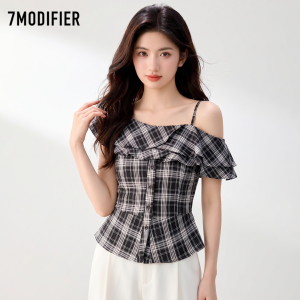 7.Modifier | Áo Sơ Mi Ôm Body Carô Dáng Thời Trang Quai Ngang Voan Xếp Ly