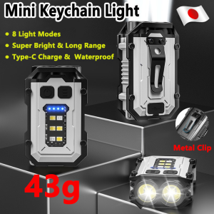 Multifunctional Keychain Rechargeable Flashlight Mini Portable Pocket Type-C Charging Outdoor Warning Lamp Motorcycle Keychain Light Waterproof Japanese Original Dual Light Source Strong Light 8 Light Modes with Mental Clip for Work Car Repair Emergency