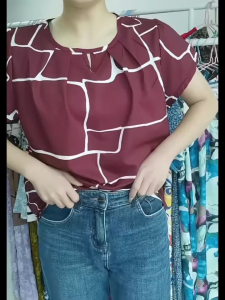 Women Vintage Daily Round Neck Pleated Short-Sleeved Printed Blouses L2266