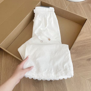 PAIBOLI | High Waist Wide Leg Pants Casual Lace Splicing Loose Fit Summer White Long Pants Women Plus Size Comfortable Breathable