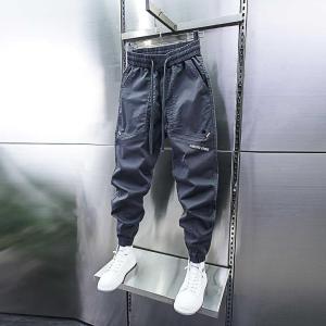 Fashionable Mens Washed Work Trousers Solid Color Cuffed Casual Pants Elastic Waist Loose Fit Harlan Pants Spring Summer