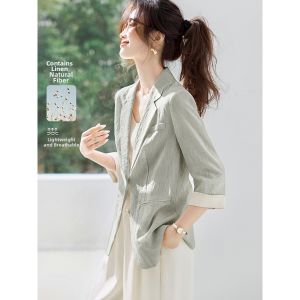 MOHANYIMEI | Light Commuting Linen Color-Contrast Cuff Notch Collar Summer Jacket