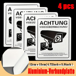 4pcs German warning video surveillance sign ACHTUNG VIDEOUBERWACHUNG! Camera monitoring with self-adhesive and 4 drill holes