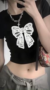 Áo Thun Croptop Nữ In Hình Họa Tiết Nơ Ren Form Ôm Body Phối Đồ Cực Xinh