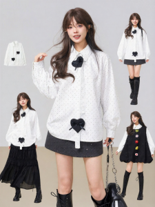 KEIKO | White Long Sleeve Sweet French Style Heart Collar Stripe Shirt