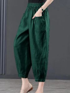 Summer Thin Cotton Linen Pants Womens High Waist Nine Points Loose Trousers Harlan Carrot Lantern Pants Asymmetric Design