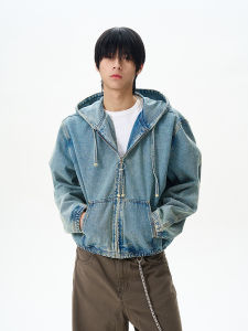 แจ็คเก็ตยีนส์มีฮู้ดสำหรับผู้ชาย ทรงหลวม ปกติ แขนยาว ฤดูใบไม้ผลิและฤดูใบไม้ร่วง สไตล์อเมริกันไฮสตรีท แบรนด์ WLNEXT