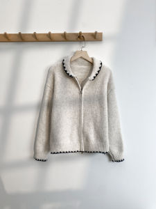 เสื้อคาร์ดิแกนถักผสมขนสัตว์ คอปกเล็ก สีพื้น ซิป สำหรับผู้หญิง ฤดูใบไม้ผลิ 2025 เสื้อคลุมคาร์ดิแกนถักแบบสวมสบาย