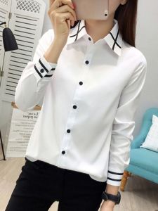 เสื้อเชิ้ตแขนยาวสีขาวสำหรับผู้หญิง ฤดูใบไม้ร่วง 2025 วินเทจ คอโปโล ทรงเข้ารูป กระดุม แขนยาว ปกติ สีสันสดใส โพลีเอสเตอร์