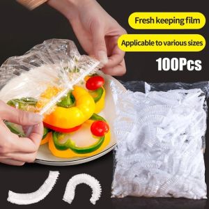100Pcs Disposable Food Food Fresh Keeping Saver Bag Plastic Wrap Elastic Bowl Plate Dustproof Lids Kitchen Refrigerator Fruit Vegetable Storage