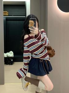 Womens Striped Shoulder Bared Long Sleeve T-Shirt Korean Style Commute Fashion Spring Autumn New Arrival Universal Fit