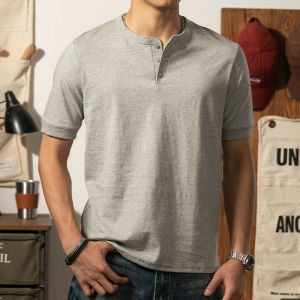 Henley Shirt Mens American Retro Henry Collar Short Sleeve T-Shirt Youth Summer Gray Half Sleeve Collarless Tops Henry Tee