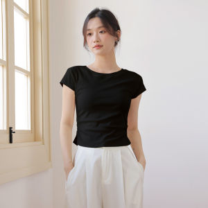 Café Brown Womens Short High Waist T-Shirt Slim Fit round Neck Waist Cinching Half Sleeve Simple Versatile Summer Fashionable Top