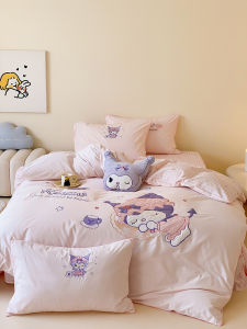 Pure Cotton Childrens Bedding Set Cute Hello Kitty Embroidery Washed Bedding Three-Piece Set Soft Cotton Sheets for Girls