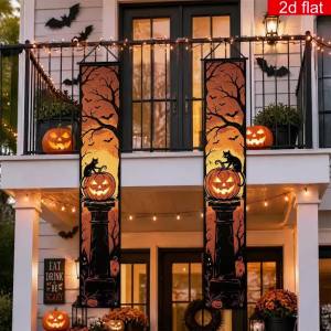 Halloween Porch Banner Sunset Black Cat Jack O Lantern Bat Print Indoor Outdoor Yard Trick Or Treat Spooky Entrance Wall Decor