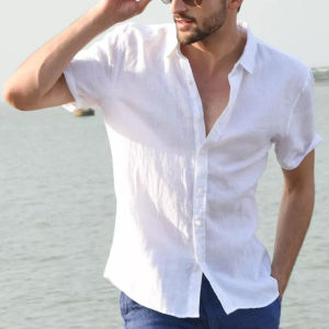Mens Casual Short Sleeve Shirts Leisure Street Wear Lapel Button-down Solid Color Shirts for Men Vintage Vacation Blouse M-3XL