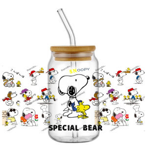 Newest 30 Design Popular Cute Snoopy 16oz UV DTF 3D Stickers Decals Libbey Glass Cup Mug Coffee UVDTF Craft DIY Birthday Gift