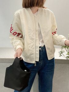 Brand Discount Tag Removed Short Style Baseball Jacket Womens Autumn Outerwear Chic Square Pattern round Collar Zipper Closure