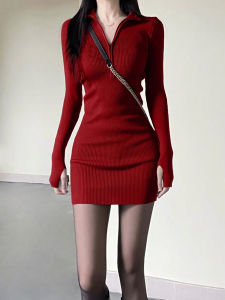 Christmas New Year Themed Knitted Short Skirt Womens Fashion Commute Style Bodycon Dress Half High Collar Long Sleeve V Neck