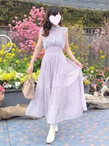 Jojo Japanese Style Fairy Skirted Printed Blouse Belted Waist Pleated Floral Chiffon Dress Women Summer New Arrival