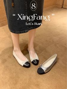 Butterfly Knot Color Block Flat round Head Womens Shoes Leather Upgraded Version Vintage Style Slip-On Casual Fashion Footwear