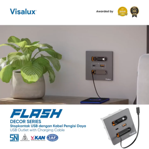 Visalux Flash USB Outlet with Charging Cable (16A) USB C + USB A Fast Charging Dark Grey / Stop Kontak USB dengan Kabel Pengisi Daya (FLASH-VSD1016A-DG)