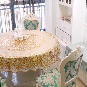 4/6/8/10 Seats Round Gold Tablecloth Waterproof Oil Proof Mantel Table Cover Dining PVC Table Cloth PVC Advanced Dining Home Tablecloth