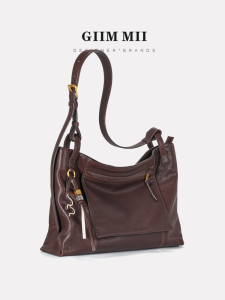 Vintage Tanned Leather GIIM MII Medium Hobo Tote Womens Crossbody Bag Soft Square Shape Zipper Closure Pure Color Design